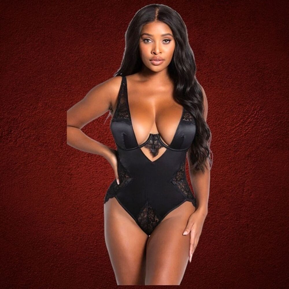 Super Sexy Keep A Low Profile Revealing Teddy Black Plunging Neckline NWT Large